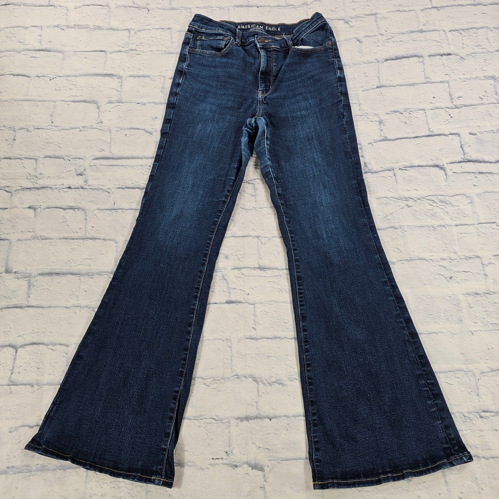 American Eagle Flare Jeans Womens 8 Dark Blue Next Level Stretch Super High Rise